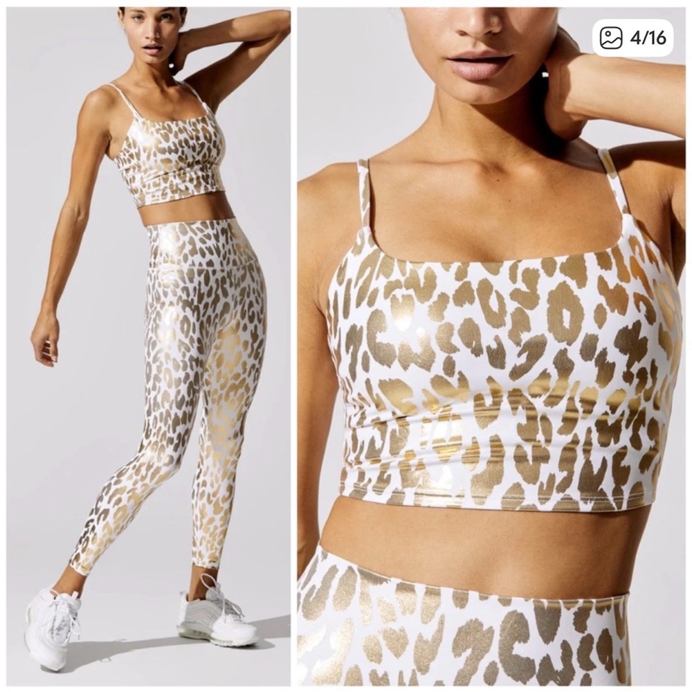 Carbon 38 White Gold Cheetah Animal Print Work out SET Top Medium Bottom Small